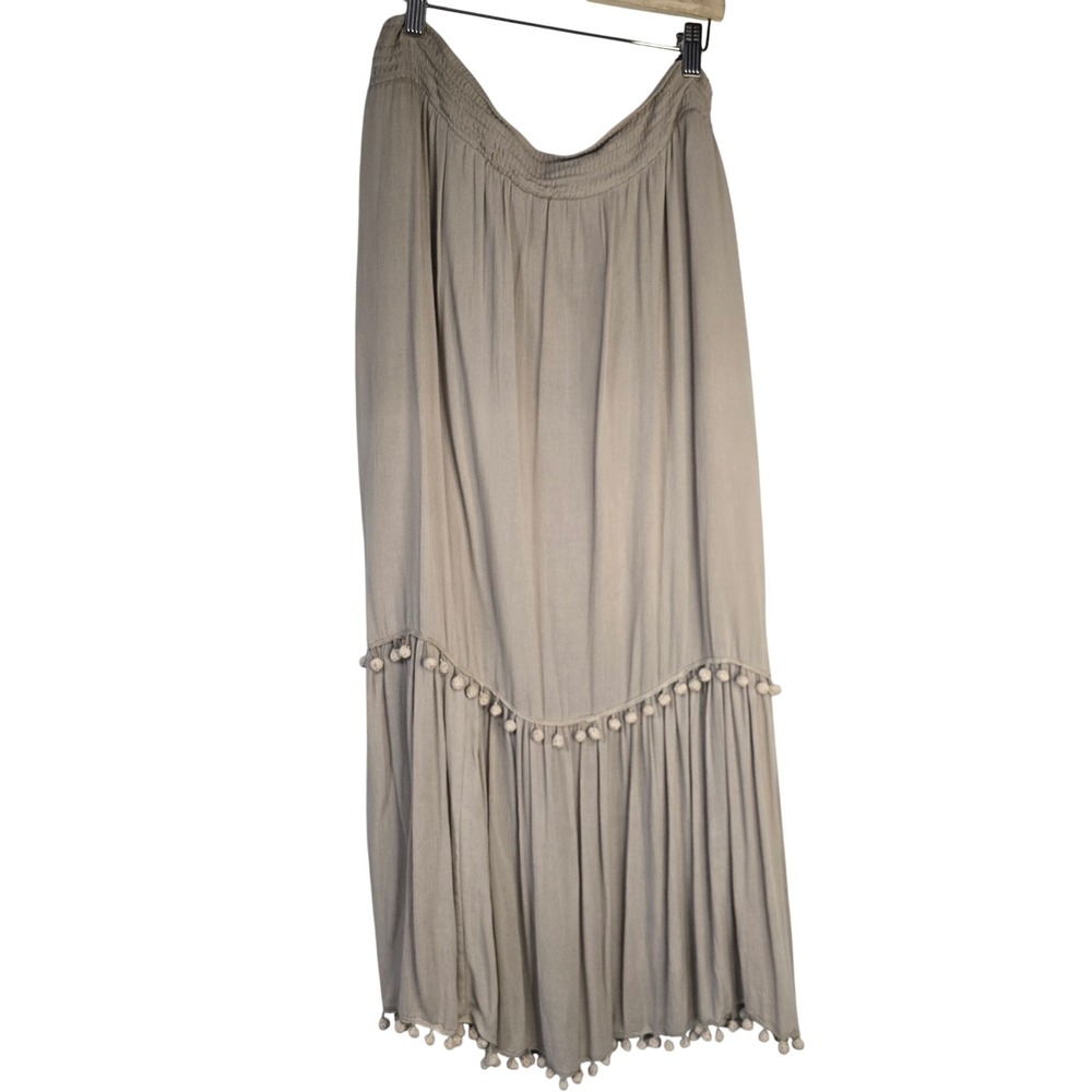 Chico's Pom-Pom Trim Maxi Skirt Women‎ Size 2/L Tan Viscose Boho Peasant Tiered